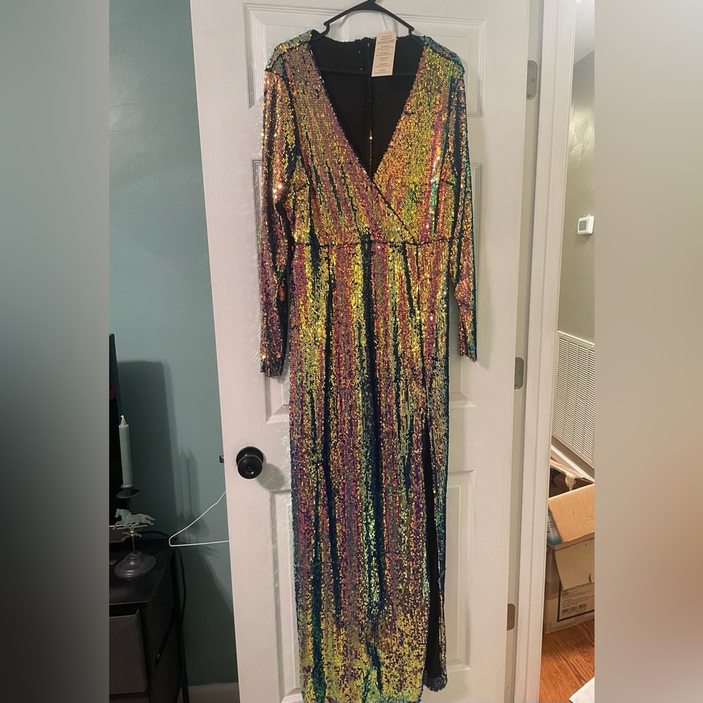 Gold and Pink Sequin Long Sleeve V-Neck Sheath Dress